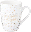 Christian Art Gifts Inspirational Novelty Ceramic Coffee & Tea Scripture Mug for Women: Strength & Dignity Encouraging Bible Verse Proverb, Gold Polka Dots, Lead & Cadmium-free Non-toxic Cup, 12 oz.