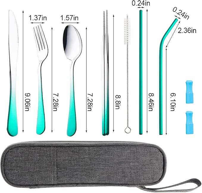 Travel Utensils Set with Case Reusable Portable Cutlery Set Stainless Steel 8pcs Including Dinner Knife Fork Spoon Chopsticks straws(Gradient Green) | Dishwasher Including Dinner Knife Fork Spoon Chopsticks Straws Travel Fork Spoon Knife for Work, Camp...