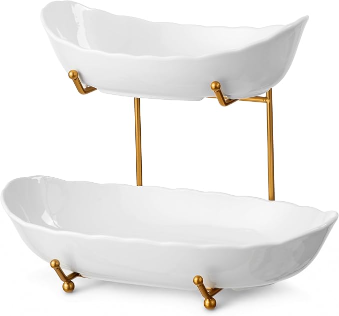 HBlife Large Tiered Fruit Bowl for Kitchen Counter - 2 Tier Ceramic Fruit Basket, Serving Trays for Party, Gold Rack