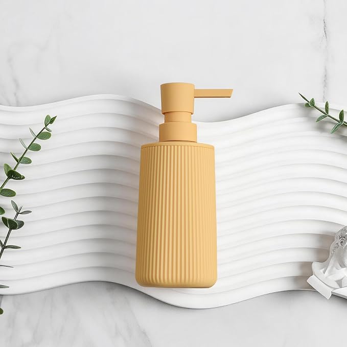YAUKPH Small Soap Dispenser for Bathroom and Kitchen Matte Yellow | Modern Farmhouse Striped Style Plastic Hand Soap Dish Soap Dispenser with Pump