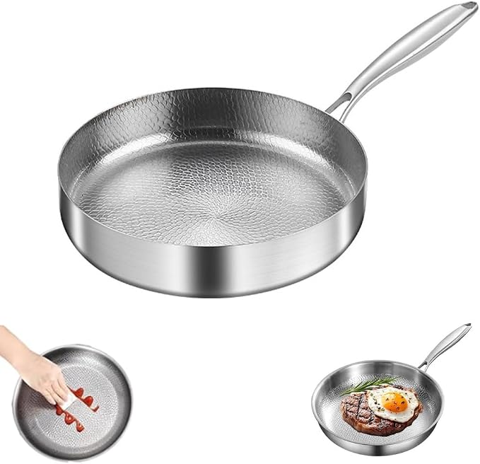 Titanium Hammered Pan Pro with Lid, Multifunctional Ultra-Durable Scratch-Resistant Non Stick, Even Heating for Cooking, Titaniums Nutri Pans Compatible with All Cooktops,9.44in