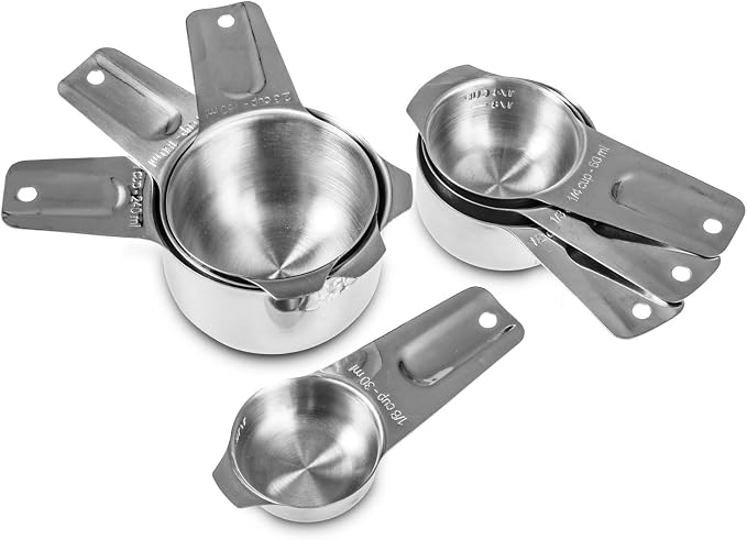 7-Piece 18/8 Stainless Steel Measuring Cups Set, Silver | Includes 1/16, 1/4, 1/3, 1/2, 2/3, 3/4 and 1 Cup, Engraved US and Metric Markings, Pour Spouts and Ring Connector