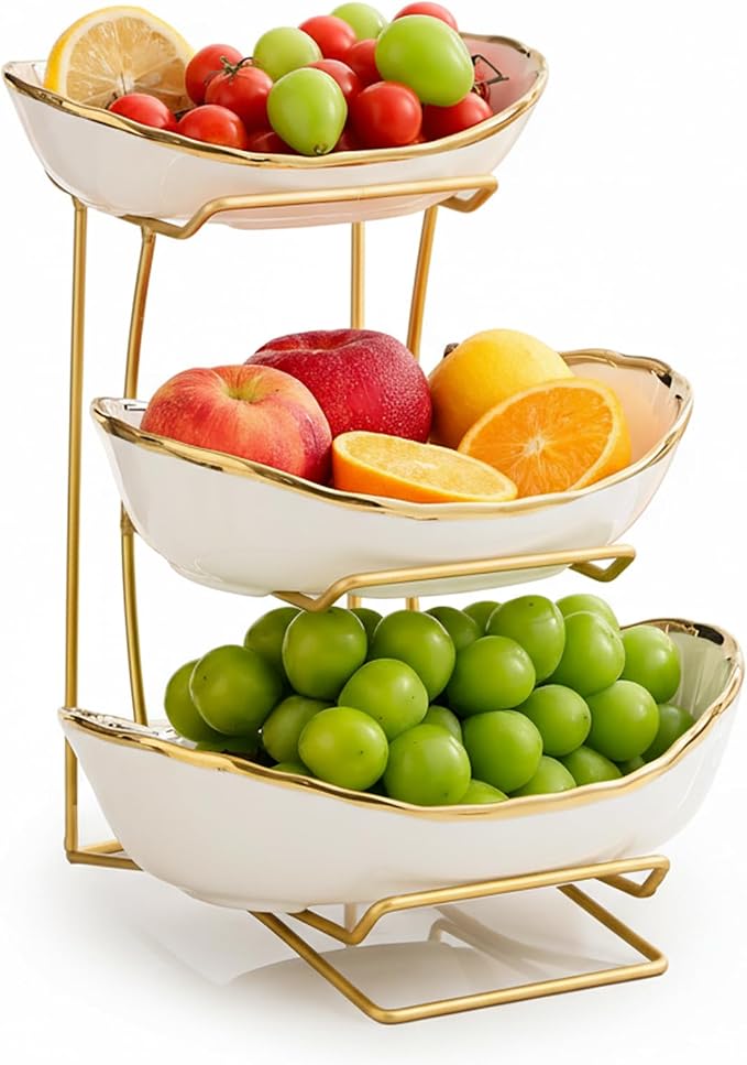 Gold Silver Fruit Bowl with Metal Stand, 3 Tier Ceramic White Fruit Bowl Fruit Rack for Kitchen Counter, Tiered Fruit Basket for Snacks Bread Candy Storage (White A (Smooth Surface))