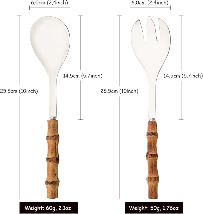 Serving Spoon and Fork Set, 304 Stainless Steel Serving Utensils with Natural Bamboo Handle, 10" Long Handle Serving Set for Kitchen Party Buffet, 4 Pieces / 2 of Each
