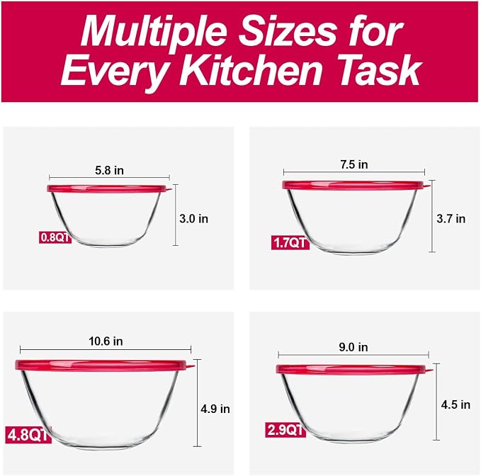 KOMUEE 4 Pack Glass Mixing Bowls Set with Lids (4.8QT, 2.9QT, 1.7QT, 0.8QT) | Glass Nesting Bowls for Kitchen Baking, Cooking and Serving, Oven, Dishwasher, Freezer, and Microwave Safe