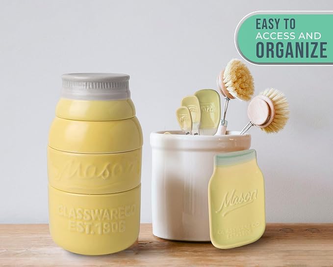 Comfify Yellow Mason Jar Measuring Set – 4 Cups, 4 Spoons, Spoon Rest | Yellow; ceramic; 9-piece set; 4 measuring cups + 4 measuring spoons + spoon rest; mason jar design; hand wash only