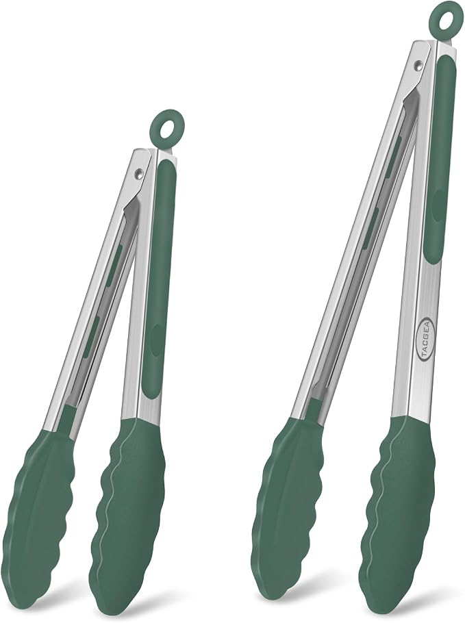 Stainless Steel Kitchen Tongs with Silicone Tips, Locking Grilling Food Tongs, 9" and 12", Set of 2 Dark Green