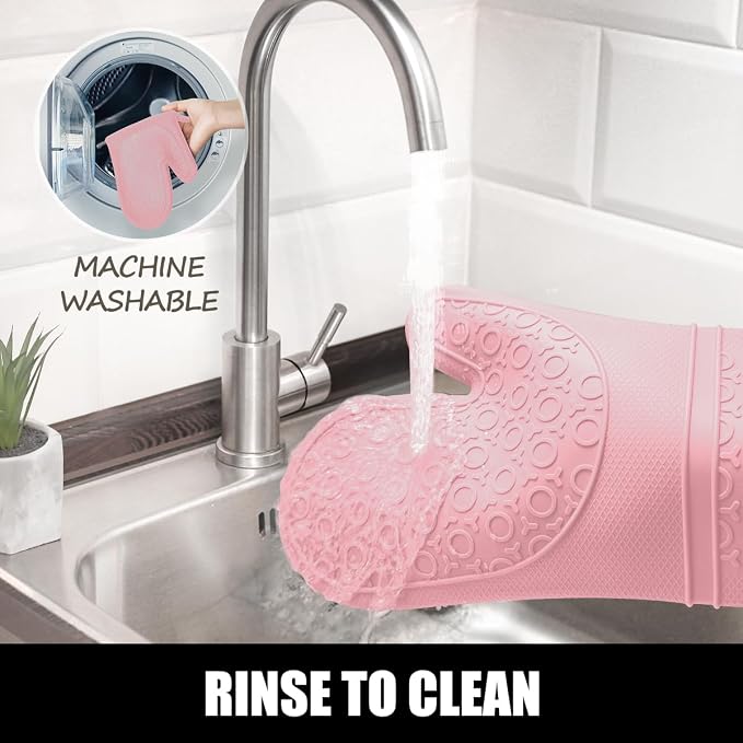RORECAY Silicone Oven Mitts and Pot Holders Sets, Gloves for Kitchen, Pink | Set of 6 Kitchen Mitts for Baking & Cooking, Heat Resistant 500 ℉, 15" Extra Long, Non-Slip & Waterproof, Quilted Cotton