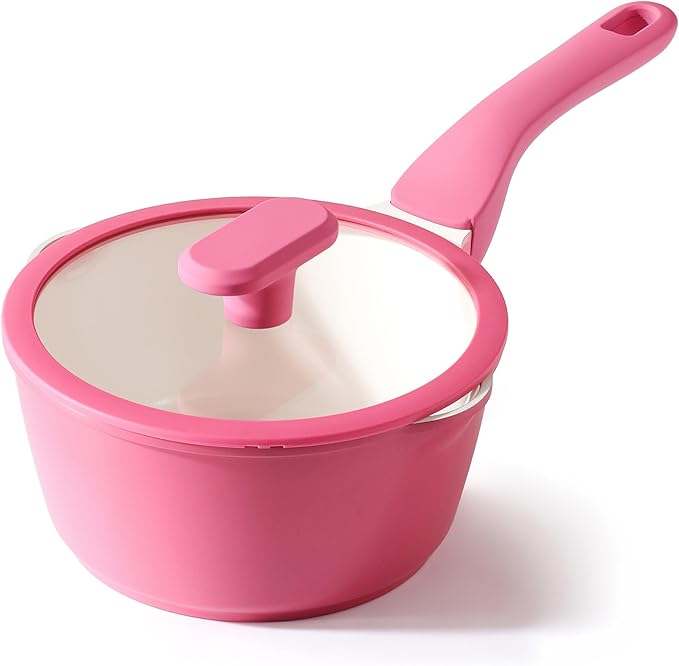 PRICUSIS Ceramic Nonstick Saucepan with Lid, 2 Quart Non Toxic Pot with Pour Spouts, Full Coated, 100% Dishwasher Safe, Induction Compatible, PTFE PFAS & PFOA Free, Raspberry Red