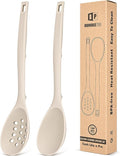 Pack of 2 Silicone Cooking Spoons, Non Stick Solid Kitchen Spoon with Measuring Marks & Back Hooks, Heat Resistant Silicone Slotted Spoon for Cooking, Mixing, Stirring,Serving(KHAKI)