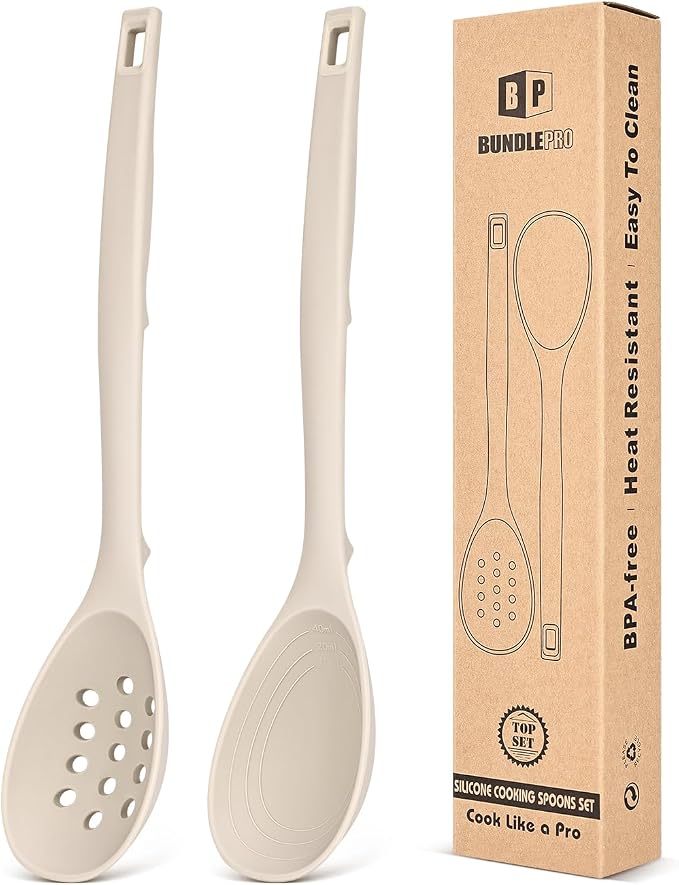 Pack of 2 Silicone Cooking Spoons, Non Stick Solid Kitchen Spoon with Measuring Marks & Back Hooks, Heat Resistant Silicone Slotted Spoon for Cooking, Mixing, Stirring,Serving(KHAKI)