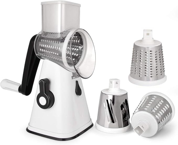 Manual Rotary Cheese Grater, Potato Slicer Cutter Hand Crank, Kitchen Mandoline Vegetable Shredder, with 3 Interchangeable Blades (White)