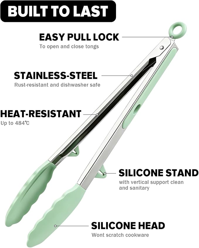 Kitchen Tongs for Cooking, Non Scratch Silicone Tip for Nonstick Cooking Pans, Food Grade Mini Serving Tongs, Pull Lock, Set of 3 (Green, 12 inch)