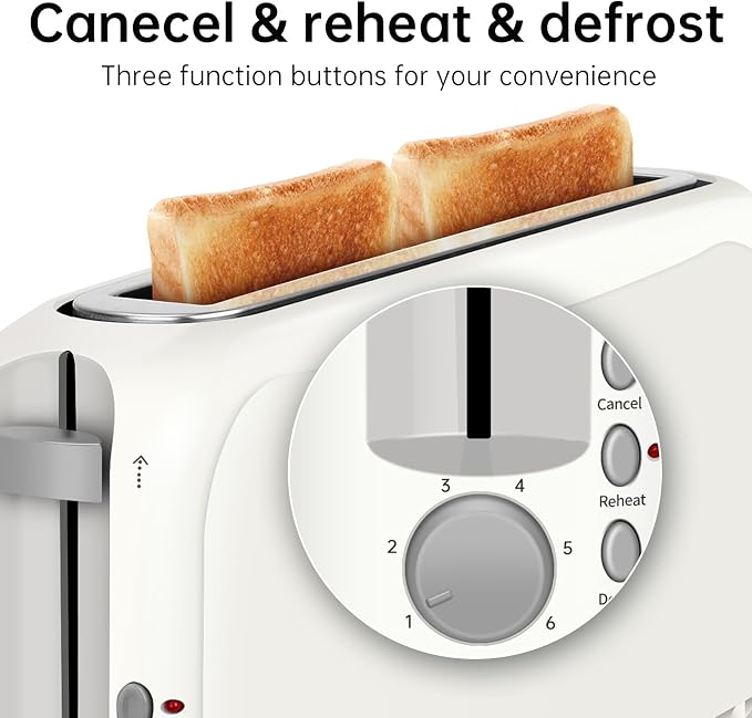 SEEDEEM 2 Slice Slim Toaster, 10" Long Slot, 6 Shade Settings, White | Long Slot, 6 Shade Settings, Cancel/Reheat/Defrost, Removable Crumb Tray