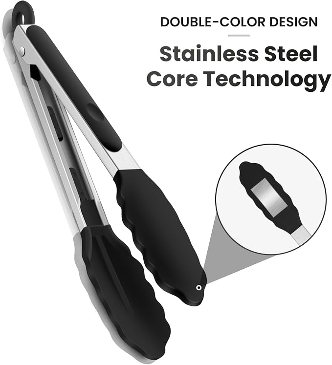 9-Inch Kitchen Tongs for Cooking with Silicone Tip,Black | 600℉ Heat-Resistant,Stainless Steel Locking Cooking Tongs Food Tongs for BBQ/Cooking/Salad/Serving Food,Heavy Duty,Non-Stick