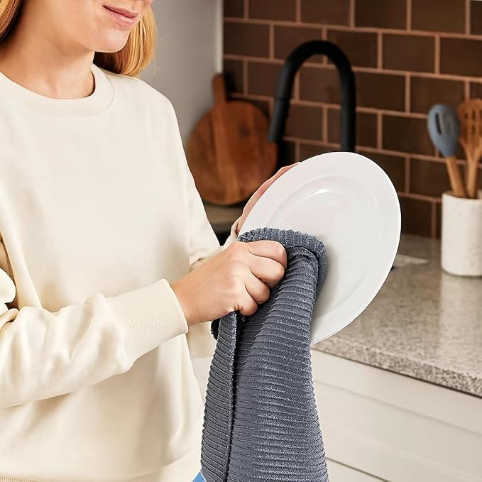 Slate Blue Gray Kitchen Hand Dish Towels, Set of 3, 100% Cotton, 18" x 28" | Terry Loop Ribbed Textured, Soft & Absorbent Cleaning Cloth, Quick Dry, Multipurpose for Everyday Use