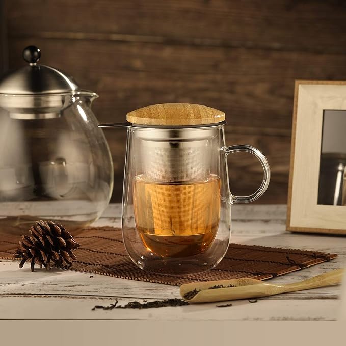 Tea Infuser Mug 14.5oz Insulated Heatproof Glass Tea Cup with Removable Infuser and Lid, Clear Glass Teacup 430ml Double Wall Borosilicate Glass Teacup for Loose Tea, Gifts for Parents Dad Mum