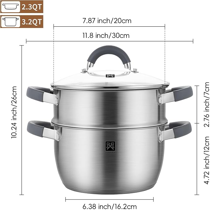 GOLDEN KEY 3.2 QT Steamer Pot With Lid - 2-Tier 18/8 Stainless Steel，Multipurpose Steaming Cookware with Vegetable Steam Basket, Oven & Dishwasher Safe, Triple Bottom for Even Heating, Perfect for Dumplings, Seafood and Vegetables