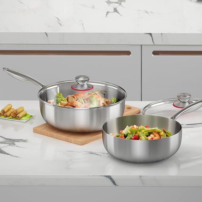 Tri-ply Stainless Steel Saute Pan 5-Quart with Clear Lid Deep Frying Pan for Chef's Cooking Wok Induction Oven Dishwasher Safe, Compatible with All Cooktops(Detachable Handle,11 Inch)