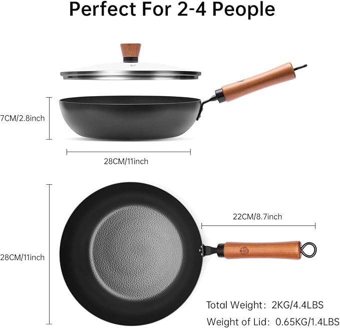 WANGYUANJI 11 Inch Carbon Steel Skillet with Lid-Flat Bottom Frying Pan for Searing & Browning,Nitrided Iron Sauté Pan with Removable Handle-Induction Compatible (No Coating,Cooks Crispier&Juicier)