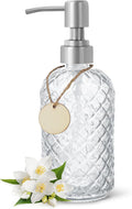 Gem-Patterned Glass Soap Dispenser with Rust Proof Stainless Steel Pump-13 oz Liquid Hand Soap Dispenser for Kitchen & Bathroom,Great for Lotions, Essential Oil, Liquid Soaps-Clear