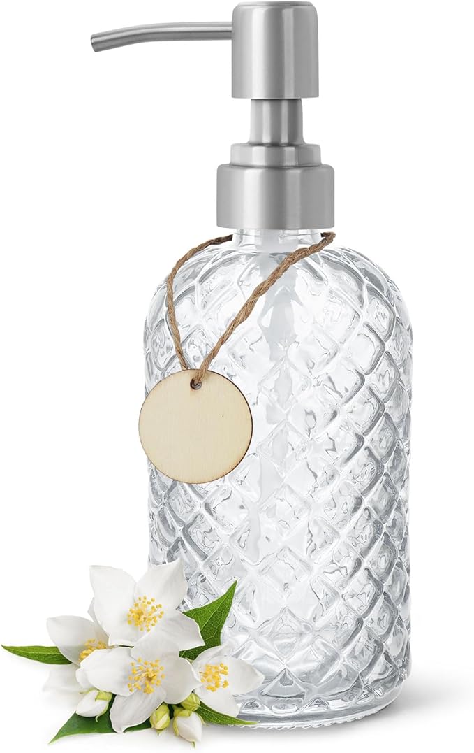 Gem-Patterned Glass Soap Dispenser with Rust Proof Stainless Steel Pump-13 oz Liquid Hand Soap Dispenser for Kitchen & Bathroom,Great for Lotions, Essential Oil, Liquid Soaps-Clear