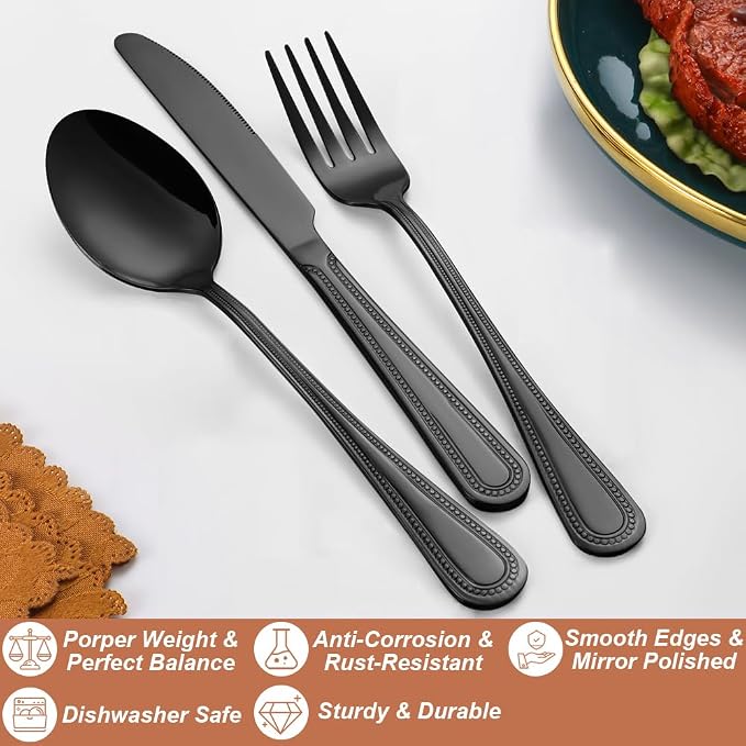 Silverware Set,20-Piece Stainless Steel Flatware Set for 4 | Food-Grade Stainless Steel Cutlery Set,Dishwasher Safe,Mirror Finished Utensil Sets for Home Restaurant,Pearl-Edged,Black