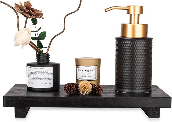 Wood Bathroom Tray Farmhouse Decor Kitchen Soap Holder, 11.8"x7" Black | Waterproof, Lightweight, Easy Clean, Small Wooden Riser Pedestal Stand Accessories for Office Desk, Vanity, Counter, Sink