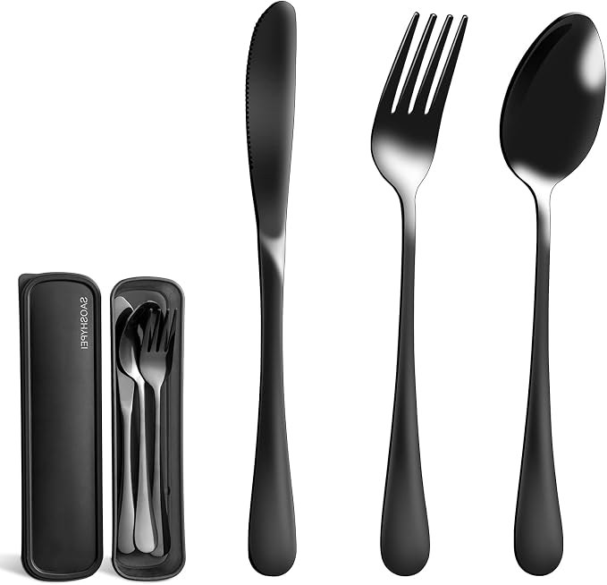 SAOSHYPEI Travel Utensils with Case, 4-Piece Stainless Steel Set, Black | Reusable fork, spoon and knife set for work lunch, lunch bags, camping and travel; portable case, dishwasher safe.
