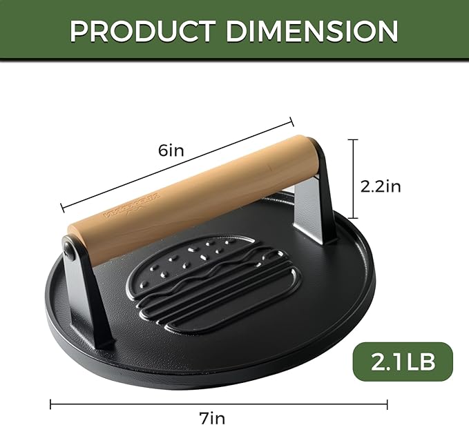 XUDAKAIXIN Cast Iron Smash Burger Press 7.1",Grill Bacon Meat Press Tool,Perfect for Blackstone, Camp Chef, Weber Grills & Indoor Griddles – BBQ & Cookout Must-Have (Grooved)