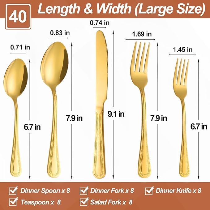 40 Pcs Gold Silverware Set for 8, Food Grade Stainless Steel Flatware Set, Eating Utensils Sets Include Fork/Knife/Spoon, Reusable Cutlery Set for Home Kitchen, Dishwasher Safe, Pearl-edged