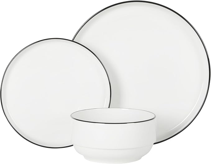 Gibson Home Rothernberg Plates and Bowls 18 Piece Porcelain White Dinnerware Set W/Black Rim | Stackable Dishes | Microwave & Dishwasher Safe