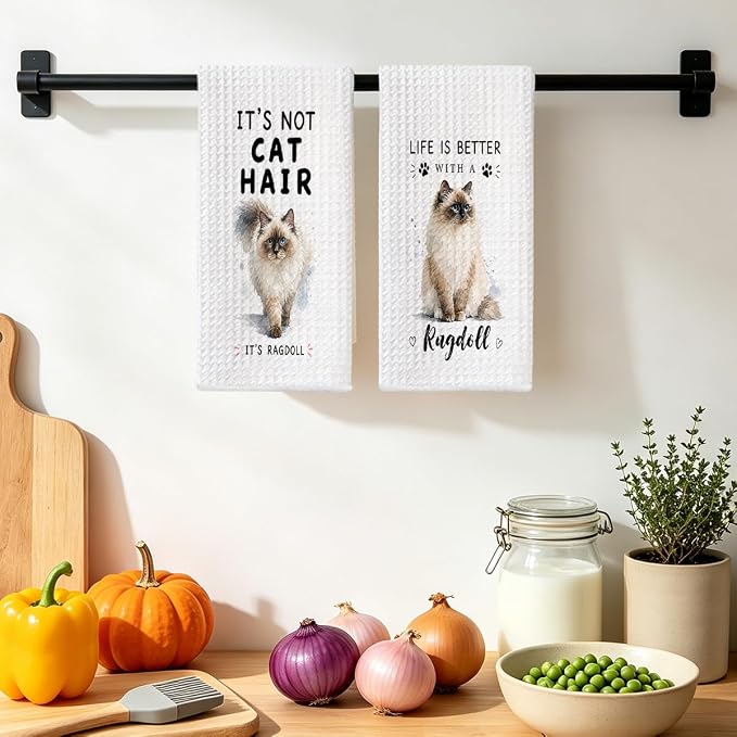 Jztco 2 Pcs Funny Cat Kitchen Towels, Cute Cat Gifts Reusable Hand Towels-1 | Cat Dish Cloths for Drying Dishes, Cats Waffle Dish Towels for Kitchen Bathroom Decor, Cat Lover Gifts for Women Grandma Mom