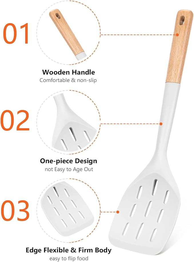 Pack of 2 Silicone Spatula, Non Stick Cooking Utensil Set Wooden Handle Kitchen Turner for Baking Mixing Grilling Serving Food Heat Resistant Non Scratch Hooks Included (White)