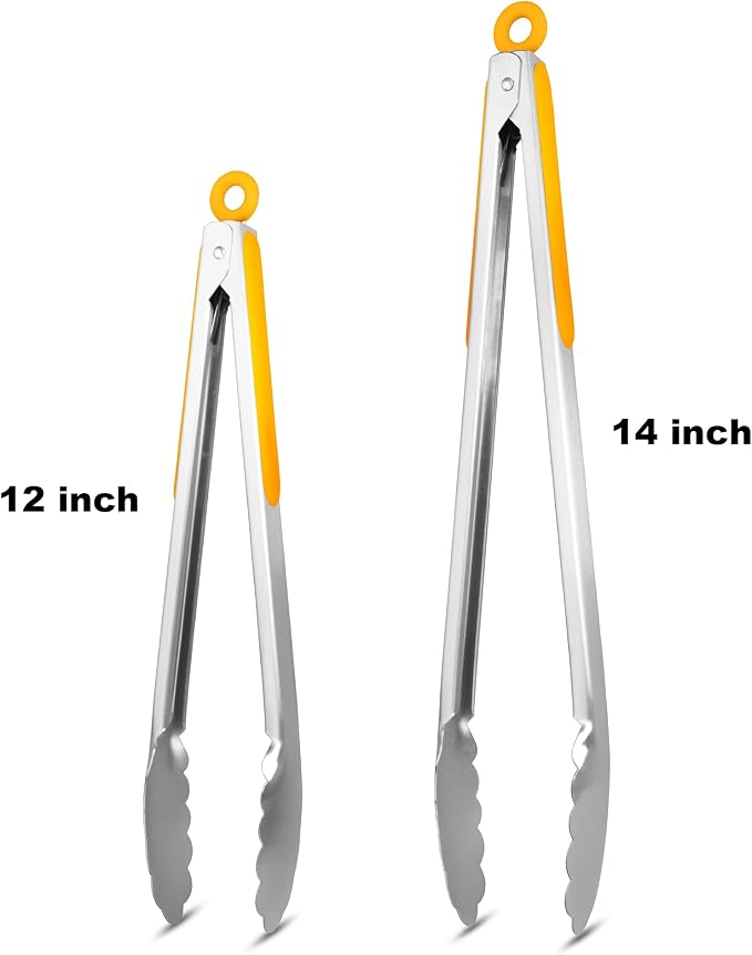 304 Stainless Steel Kitchen Cooking Tongs, 12 & 14 Inch, Set of 2, Orange | Locking Food Tongs with Non-slip Grips and Hanging Loops for Cooking, Grilling, BBQ and Serving, Dishwasher Safe