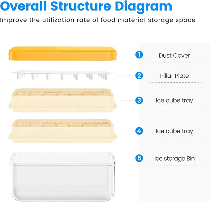 Ice Cube Tray with Lid and Bin, Easy Release 56 Cubes for Freezer | Food-grade BPA-free PP and ABS. Ice cubes for fruit, cocktails, iced coffee. Space-saving stackable with scoop
