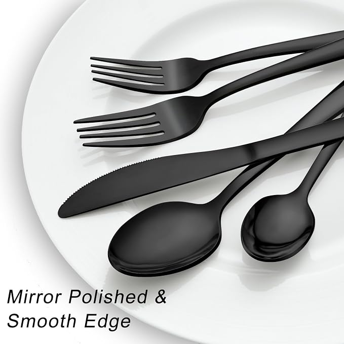 Pleafind 24Pcs Black Silverware Sets for 4 - Dishwasher Safe, Flatware Set with Steak Knives, Stainless Steel Cutlery Set, Include Forks Spoons and Knives Set, Utensil Sets for Home Restaurant