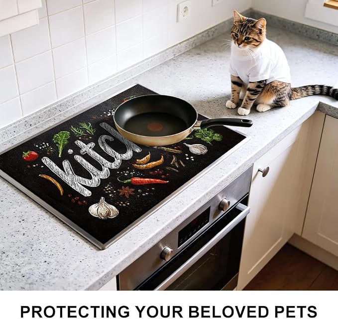 Chalkboard Kitchen Word Art Stove Top Cover 28.35x20.47in Farmhouse | Chalkboard kitchen word art stove top cover 28.35x20.47 in; herb spice farmhouse cooktop mat dishwasher safe machine washable
