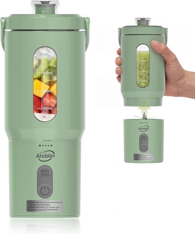 Portable Blender Shakes & Smoothies, Small Personal Blender, Green | 17oz Detachable To-Go Cup, Carry Handle, USB-C Rechargeable, 6-Leaf Stainless Blades, Auto-Shutoff, BPA-Free, Hand Wash