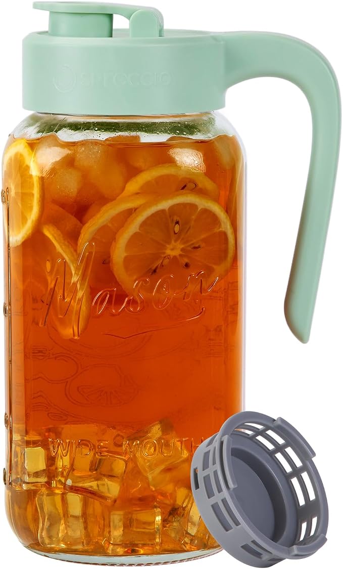 Mason Jar Pitcher with Tea Filter, 64 oz Glass Pitcher with Lid | Airtight, Leakproof, Pour Spout Lid, Ergonomic Handle, Fridge Safe, for Outside, Sun Tea, Lemonade, iced Tea