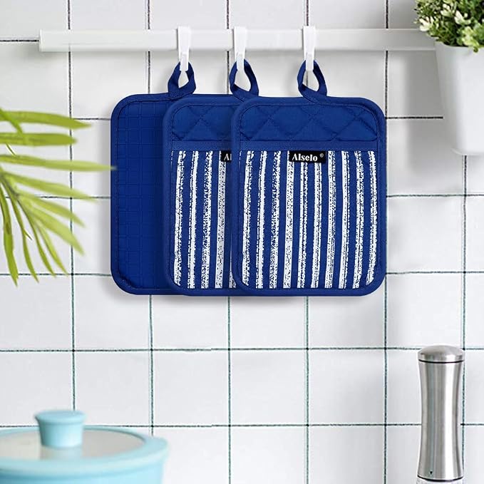 Alselo Silicone Pot Holders Set of 3 Heat Resistant & Non Slip Potholders | Professional Oven Hot Pads with Pockets Mitts for Kitchen Cooking Baking Barbecue (Cobait Blue, 3)