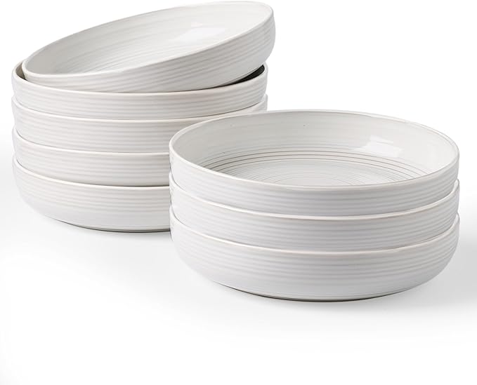 famiware Milkyway 33 oz Pasta Bowls Set of 8, White Thread | Double Reactive Glaze, Scratch-Resistant Stoneware Salad Bowls, Stackable, Dishwasher & Microwave Safe, Lead-Free