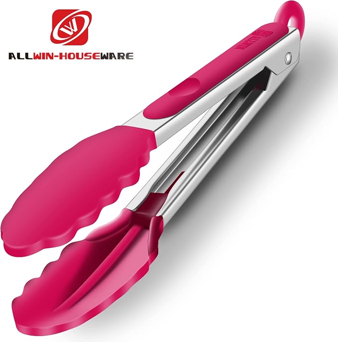 2 Pack Silicone Kitchen Tongs – 9" & 12" Set, Heat Resistant up to 500°F, Non‑Stick Cookware Safe, Wavy Silicone Tips, BPA Free, Locking Clip & Hanging Loop, Wine Red
