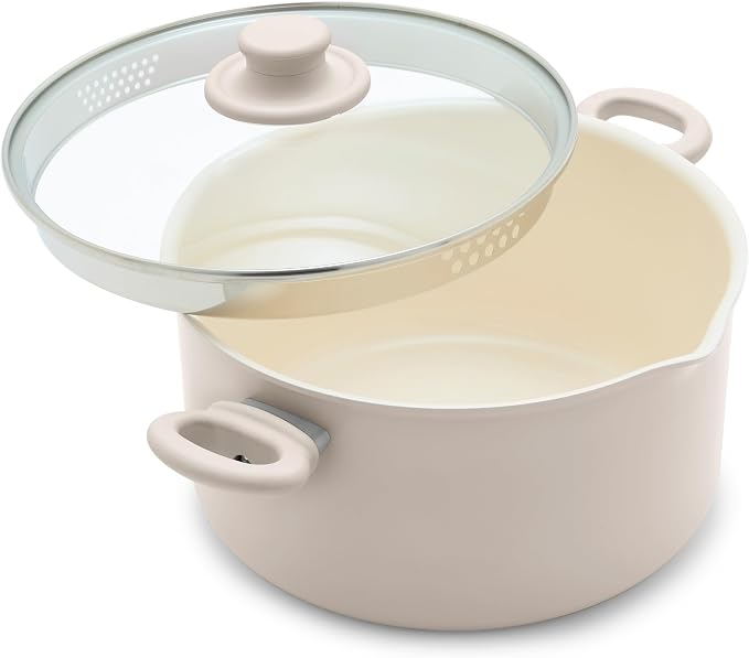 GreenLife 6QT Ceramic Nonstick Stockpot with Glass Straining Lid, Taupe | PFAS-Free Ceramic Nonstick Coating, Large Cooking Pot, Soup Pan, Stay-Cool Handles, Dishwasher & Oven Safe up to 350F