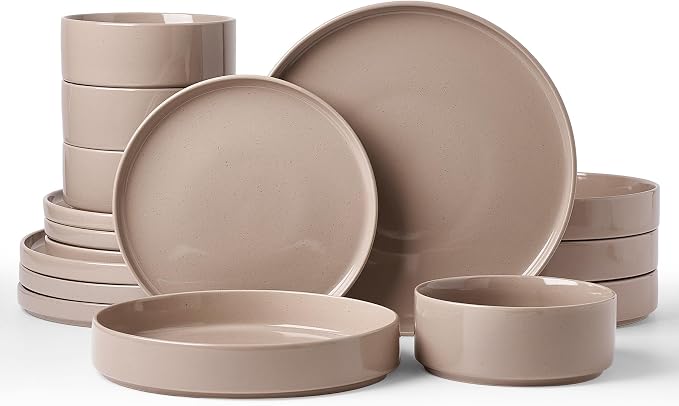 Famiware Nebula 16-Piece Dinnerware Set with Pasta Bowls, Cinnamon Brown | Stoneware Plates and Bowls, Service for 4 - Chip & Scratch Resistant, Microwave & Dishwasher Safe