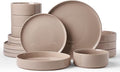 Famiware Nebula 16-Piece Dinnerware Set with Pasta Bowls, Cinnamon Brown | Stoneware Plates and Bowls, Service for 4 - Chip & Scratch Resistant, Microwave & Dishwasher Safe