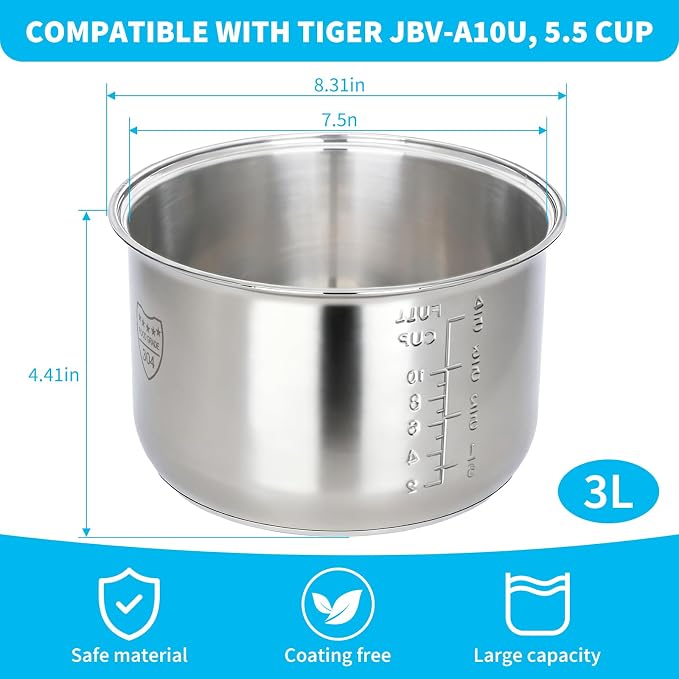 Rice Cooker 5.5 Cupr Inner Pot Compatible with Tiger JBV-A10U Only | 304 Stainless Steel,Easy to Clean and Dishwasher Safe