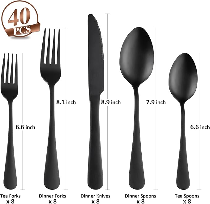 Matte Silverware Set for 8,SANLUNS 40-Piece Satin Finish Black Flatware Set,Stainless Steel Eating Dish Cutlery For 8,Fine Dinner Knifes Forks Spoons,Utensils Tableware for Kitchens Dishwasher Safe