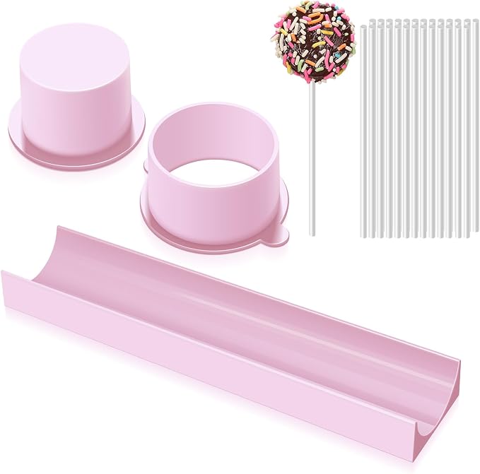Round Cake Pop Mold Set with 9in Tray and Sticks- Pink | ABS Cake Pop Maker with Cutter and Pusher, perfect for making uniform cake pops for parties, weddings, and homemade desserts.