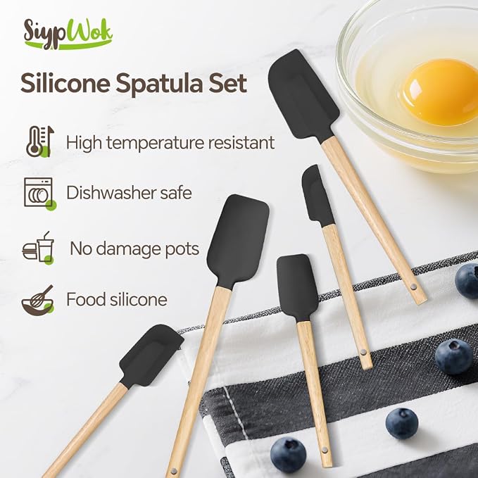 Silicone Spatula Set, Food Grade Rubber Spatula-5 Piece Nonstick Rubber Spatulas, Spoonula, Jar Scraper for Cooking, Baking, Mixing, Frosting - Heat Resistant Up to 600°F (5 Pcs Black)